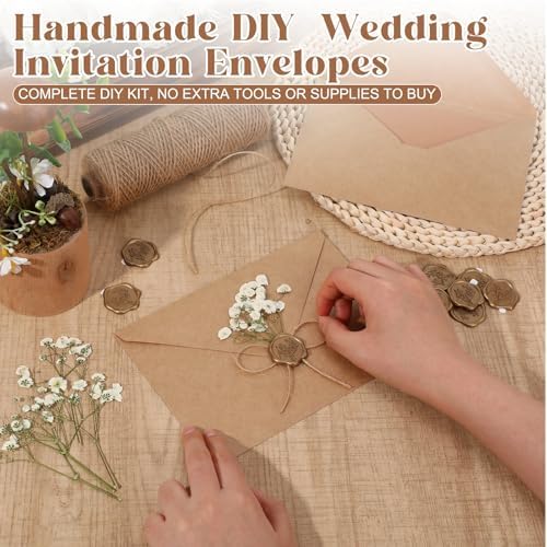 Jetec 50 Set Rustic Wedding Invitation Kits, 5 x 7 Inch Blank Kraft Envelope& Cards, Gold Wax Seals Stickers, Dried Baby's Breath Flowers & Rope, DIY Invitation Accessories for Wedding Bridal Shower - Image 6
