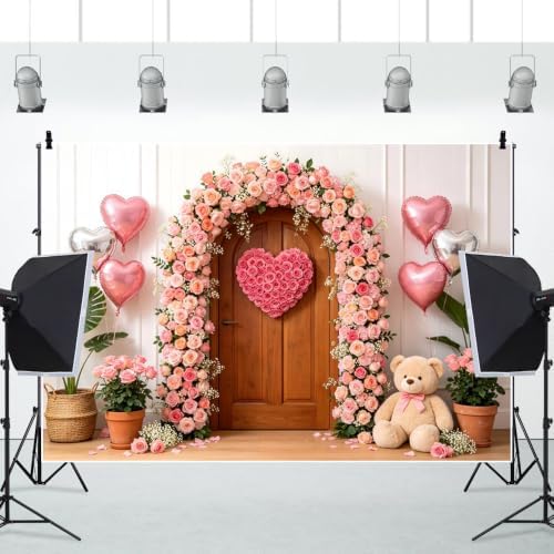 12x6ft Valentines Day Photography Backdrop Pink Floral Arch Door Heart Balloon Bear Background for Wedding Bridal Shower Valentines Day Birthday Party Baby Shower Portrait Photoshoot Decor - Image 5