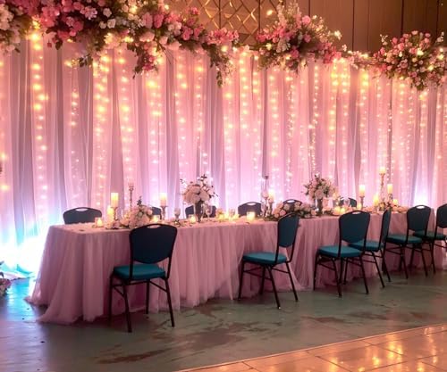 10ft x 10ft Pink Tulle Photo Backdrop Curtain with Lights String for Parties Wedding Sheer Baby Pink Curtain Backdrop for Birthday Party Baby Shower Photo Booth Photography Background Decorations - Image 4