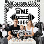 Gym First Birthday Decorations Glitter One Strong Dude Banner Black Gingham Backdrop Highchair Banner Weight Lifting Cake Cupcake Toppers Balloons for Baby Boys Weightlifting Sports 1st Bday Supplies - Image 5
