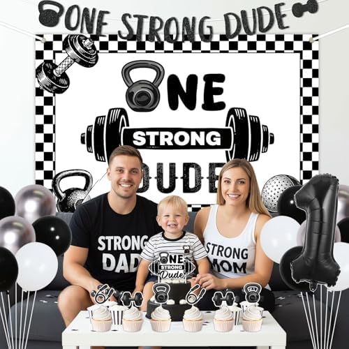 Gym First Birthday Decorations Glitter One Strong Dude Banner Black Gingham Backdrop Highchair Banner Weight Lifting Cake Cupcake Toppers Balloons for Baby Boys Weightlifting Sports 1st Bday Supplies - Image 5