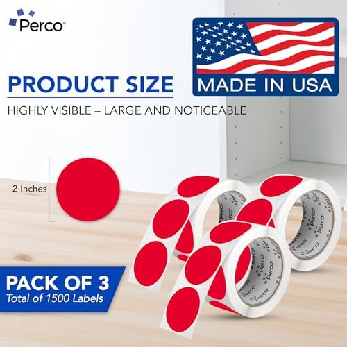 Perco Red Perforated Round Circle Dot Sticker 2-Inch Labels — 3 Rolls, 1,500 Stickers - Sale, Discount & Urgent Warning Labels, High Visibility - Made in USA - Image 2