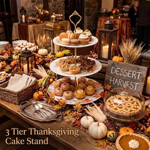 Lallisa Fall Pumpkin 3 Tier Dessert Stand 10", 9" and 7" Ceramic Orange Maple Leaves Tea Party Tray Cake Stand Display Holder Tower for Thanksgiving Birthday Decorations Harvest Baby Shower Supplies - Image 3
