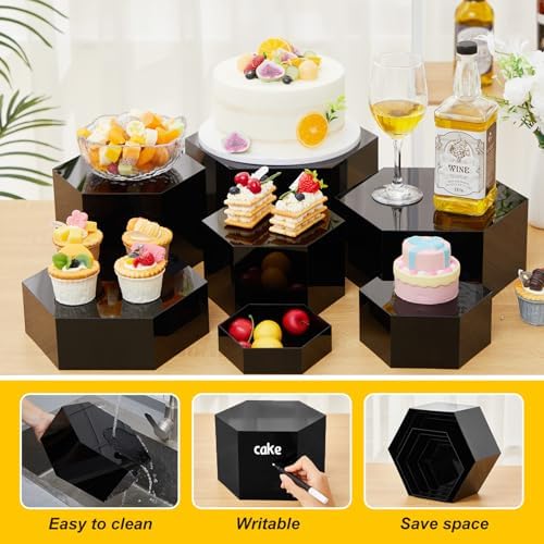 Leinuosen 7 Pcs Large Buffet Risers Set 6" to 12" Acrylic Display Box Catering Dessert Table Riser Food Display Decorative Stand with Hollow Bottom for Catering Supplies (Black, Hexagonal) - Image 3