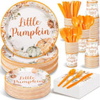 Dandat 350 Pcs Baby Shower Plates Set Baby Shower Party Supplies Serves 50 Tableware Sets Include Plates Napkin Cup Forks Knives Spoons Disposable Dinnerware(Little Pumpkin,Orange) by Dandat