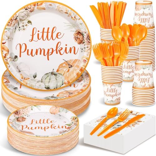 Dandat 350 Pcs Baby Shower Plates Set Baby Shower Party Supplies Serves 50 Tableware Sets Include Plates Napkin Cup Forks Knives Spoons Disposable Dinnerware(Little Pumpkin,Orange) by Dandat