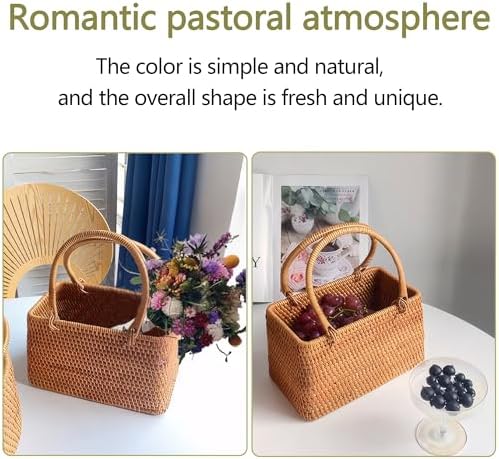 Wicker Picnic Basket with Double Folding Handles: Handmade Woven Picnic Basket, Garden Basket Harvest Basket, Natural Small Wicker Basket with Handle for Storage, Camping, Home Decor (Square Basket) - Image 4