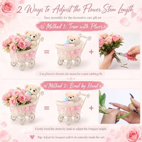 ZOCONE 3 Pack Wicker Baby Carriage Centerpiece with Strawberry Bear, Artificial Rose & Peony Flower Bouquet, Baby Shower Centerpieces for Tables, Gender Reveal, Wedding, Birthday Party Decor - Image 3