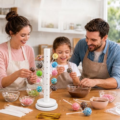 2Pack Wooden Cake Pop Stand Kit with 360° Spinning Base, 49Hole Lollipop Holder with Cake Ball Scoop, 100 Paper Sticks, 100 Clear Treat Bags and 100 Twist Ties, Easy Twist Assembly for Parties - Image 7