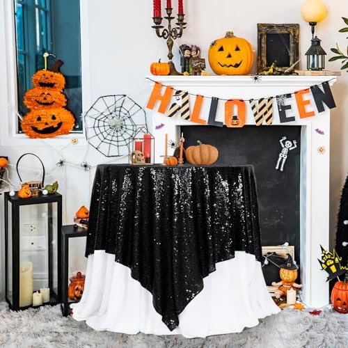 Poise3EHome Black Sequin Tablecloth 90×90 Inch Square Sequin Fabric Table Cover Overlay for Halloween Baby Shower Birthday Party Wedding Holiday Cake Table Decoration - Image 6