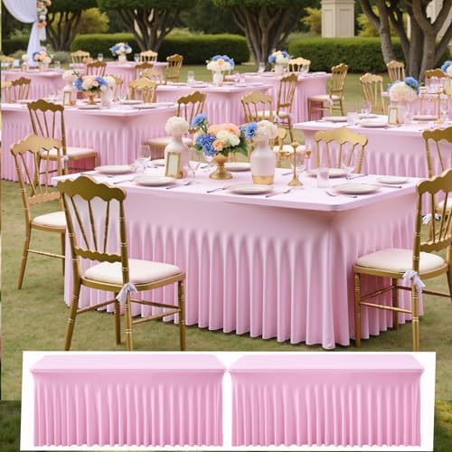 NSSONBEN 2 pk Baby Pink Spandex Tablecloth 6ft with Ruffle Table Skirt, Wrinkle Free Stretchy Fitted Tablecloths for 6 Foot Rectangle Tables, Elastic Spandex Table Covers for Weddings Parties Banquet by ENJOYYOURPARTY