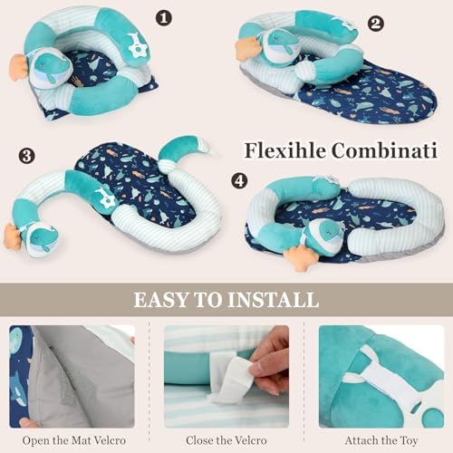 4 in 1 Tummy Time Mat with Educational Cards, Play Mat & Sitting Support for Newborn 0-12 Months, Infant Baby Sit Me Up Floor Seat, Sensory Skills Gifts, Green Whale - Image 5