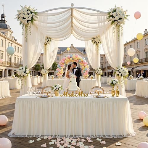 familus Ivory Table Cloths 8 Foot Rectangle 2 Pack Stretch Ruffle Tulle Tablecloth Spandex Fitted Table Cover for 8 Foot Tulle Table Skirts for Party Wedding Table Cloths, Banquets - Image 2