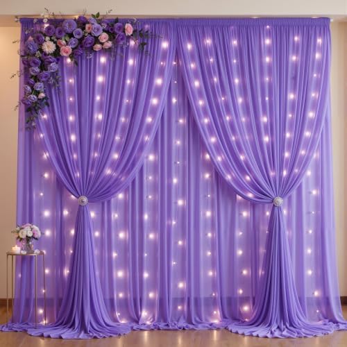 20 x 10ft Purple Chiffon Backdrop Curtain with Lights String for Parties,4 Panels Sheer Tulle Curtain Wedding Backdrop for Baby Shower Birthday Party Ceremony Reception Home Decorations by Partisky
