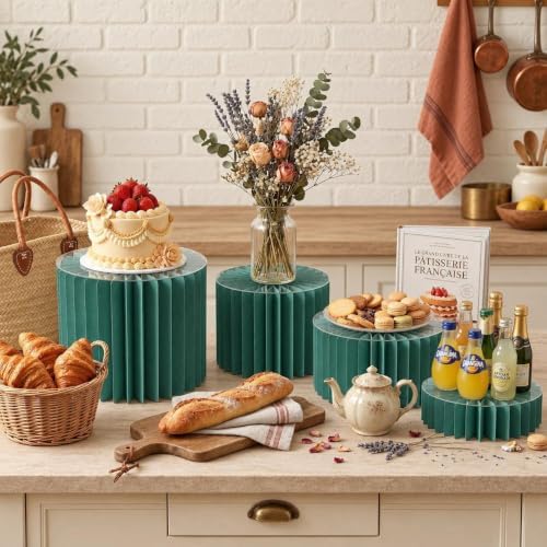 iobiotio Foldable Cake Stand, Reusable Buffet Risers, 4 Pack Round Dessert Stands with Acrylic Tops, Cardborad Display Stands for Weddings, Birthdays, Baby Showers, Parties, Home Decor, Green - Image 7