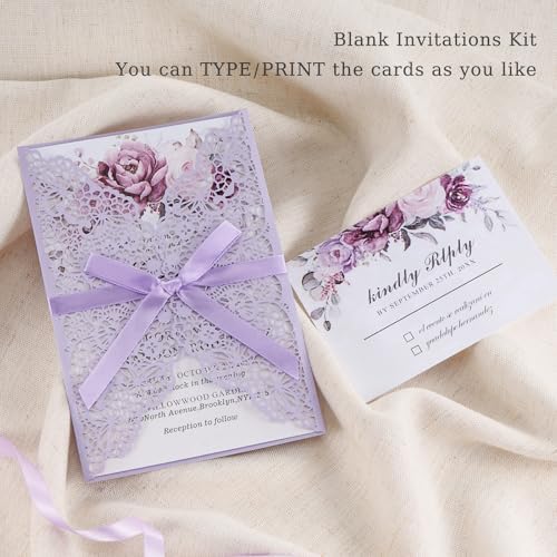 Purple Wedding Invitation Cards 50pcs Blank Inner Sheets Pre-tied Ribbons - Image 4