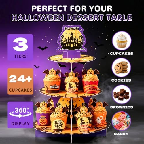 3 Tier Halloween Cupcake Stand with 12Pcs Cake Wrappers,12Pcs Cake Toppers - Image 4