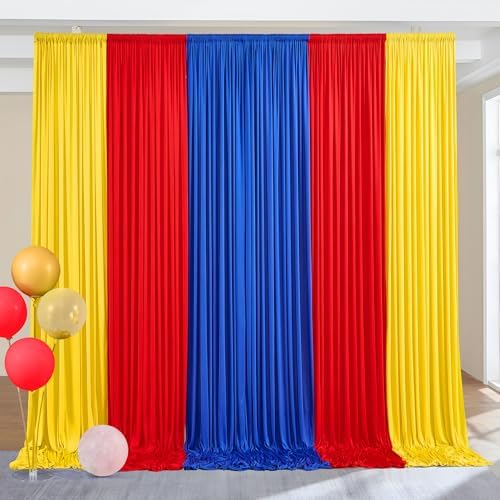 15×10 FT Wrinkle Free Red Yellow Blue Backdrop Curtains for Parties, 6 Panels 2.5×10ft Wrinkle Free Soft Polyester Drapes for Backdrop Decor Themed Party Baby Shower Photo Background Curtain - Image 3