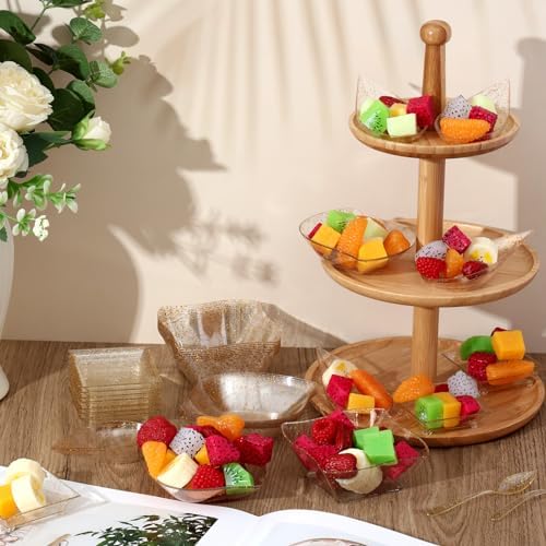 Tessco for you 400 Pcs Mini Appetizer Plates Set Including 200 Disposable Dessert Plates Assorted Shape 100 Mini Plastic Forks 100 Plastic Spoons for Party (Glitter Style, Gold Glitter) - Image 4