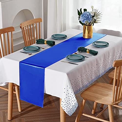 16Pack Disposable Plastic Tablecloths and Satin Table Runner Set White and Blue Dot Tablecloth Blue Satin Table Runner for Wedding Birthday Baby Shower Anniversary Christmas New Year Party Supplies - Image 4