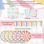 Yungyan 216 Pcs 72 Guests Pastel Paper Plates and Napkins 9 oz Party Cups 6" Scalloped Pastel Dessert Plates Colorful Stripe Disposable Tableware Set for Birthday Ice Cream Carnival Party Supplies - Image 2