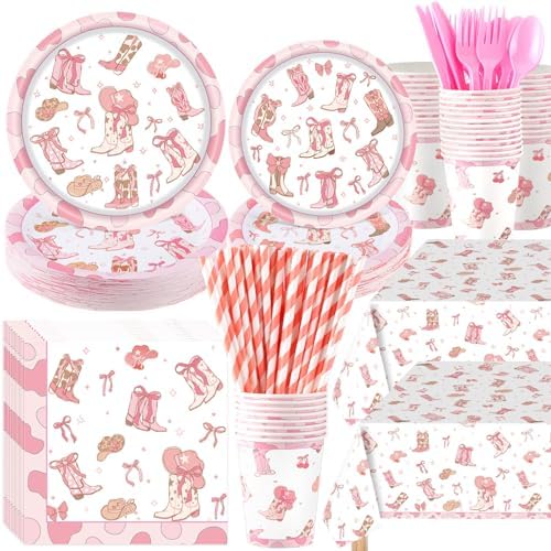 Funnymoom 452 Pcs Pink Cowgirl Boots and Bows Party Decoration for 50, Western Cowgirl Paper Plates Napkins Cups Tablecloth Cutlery Straws for Coquette Baby Shower Birthday Gender Reveal Party Supply by Funnymoom