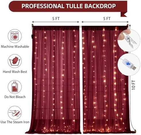 10x10FT Burgundy Wrinkle Free Backdrop Curtains with Lights String for Parties - Photo Curtain Backdrop with Lights for Wedding Decorations, Bridal Baby Shower Birthday Party Photography Background - Image 6