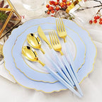WDF 150pieces Baby Blue Plastic Plates with Gold Rim - Disposable Gold Plastic Silverware With Blue Handle-Baroque Light Blue&Gold Disposable Plates Dinnerware for Wedding/Party (Pack of 2) - Image 3