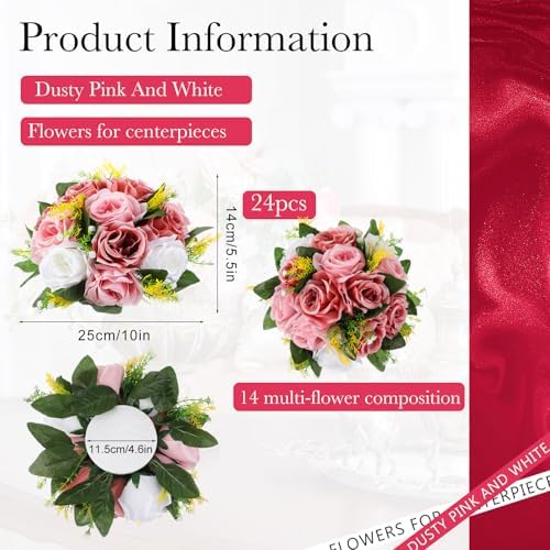 Hotop 24 Pcs Silk Rose Flower Balls,Dusty Pink, Pink, White - Image 3