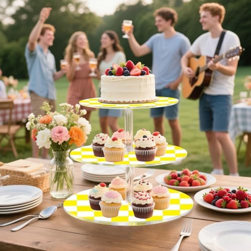 J JOYSAY Chess Checkerboard Yellow White Print Acrylic Cupcake Stand 3 Tier Dessert Table Display Set Clear Cake Stands for Wedding Baby Shower Party Decorations Easy Assembly Pastry Tower - Image 6