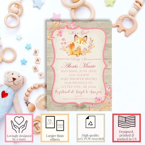 Custom Baby Shower Invites Pink Watercolor Little Fox Invitations 20 5x7 Personalized Watercolor Fox Invites With Envelopes - Unique Girl Watercolor Fox Baby Shower Cards - Image 2