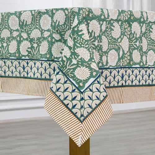 Ridhi Turquoise Moss Green Hand Block Print Cotton Tablecloth 118x70 Inch - Image 2