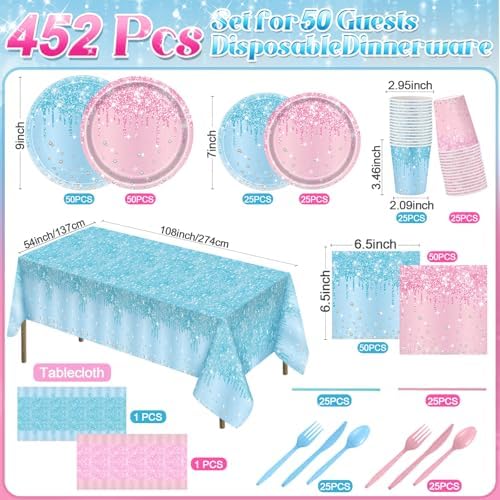 Potchen 452 Pcs Gender Reveal Plates Napkins Party Supply, Pink Blue - Image 3
