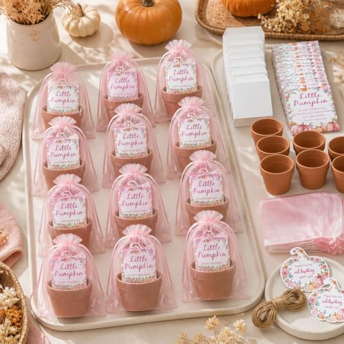JarThenaAMCS 50 Sets Pink Little Pumpkin Baby Shower Party Favors Fall Planting Gift Set with Mini Pots Seed Packets Organza Bags Thank You Tags for Guests Autumn Thanksgiving Gender Reveal - Image 5