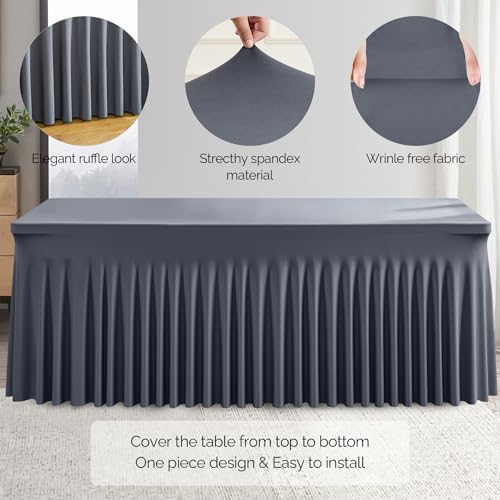 Wish Care 2 Pack Gray Spandex Table Clothes for 4 Foot Rectangle Tables, 4FT Wrinkle Free Fitted Tablecloths Ruffles Design Table Cover for Party, Banquet, Wedding and Events - Image 2