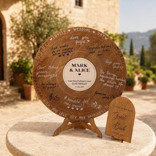 Custom Wood Round Record Wedding Guest Book Alternative, Rustic Vinyl Record Design for Wedding Reception, Graduation Guest Book, Vintage Event Decor (Walnut Wood) - Image 2
