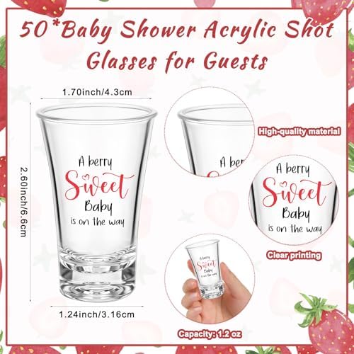 50 Sets Baby Shower Favors Shot Glasses Keychain Gifts, Strawberry, Red - Image 2