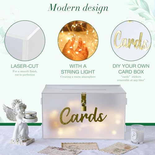 OurWarm Frosted Acrylic Wedding Card Box with Lock, Large Gift Card Box for Wedding Reception with Slot and String Light - Image 3