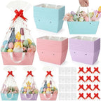 Tuanse 30 Pcs Basket for Gift Empty DIY Bulk Gift Basket Kit with Handle Kraft Cardboard Tray with 30 Bag 30 Bow Market Tray for Wedding Party, Pastel, 9.8 x 6.7 x 4.3 in by Tuanse
