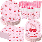 400 Pcs Cherry Birthday Party Decorations for 50 Guests, Red Pink Cherry Bow Scalloped Paper Plates Napkins Cups Cutlery for Pink Bow Coquette Baby Shower Bridal Shower Party Supply by Sunnychicc