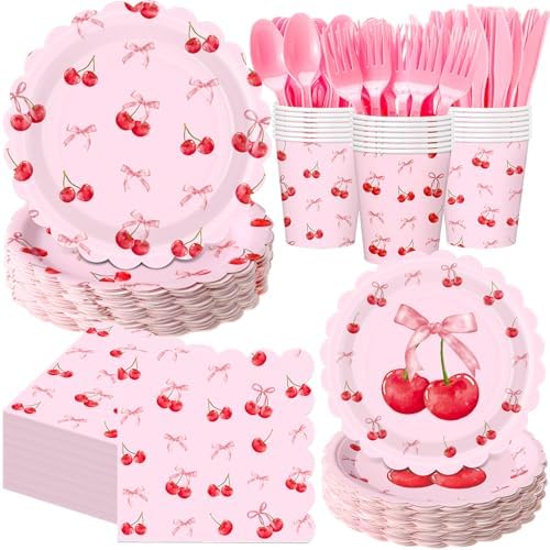 400 Pcs Cherry Birthday Party Decorations for 50 Guests, Red Pink Cherry Bow Scalloped Paper Plates Napkins Cups Cutlery for Pink Bow Coquette Baby Shower Bridal Shower Party Supply by Sunnychicc