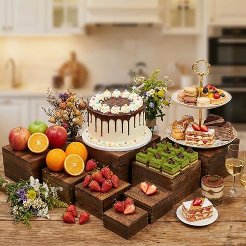 8 PCS Wooden Buffet Risers, Nesting Rustic Wood Display Stands, Multi-Size Dessert Table Display Set for Catering, Wedding & Party Events - Image 6