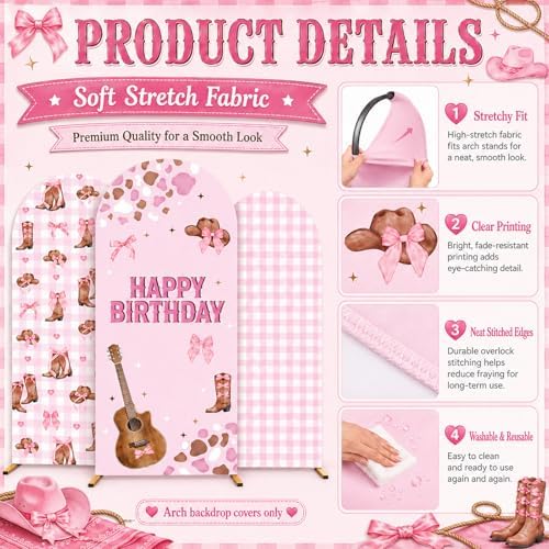 3pcs Pink Cowgirl Birthday Party Decorations Western Cow Theme Birthday Arch Backdrop Cover with Bow Guitar Shoes Pattern for Girl Barn Farm Party Baby Shower Photo Backgrounds 4ft, 5ft, 6ft - Image 3