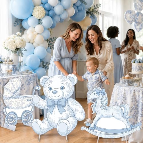 3Pcs Blue Toile de Jouy Baby Shower Decorations, Blue Bear Rocking Horse Carriage Cardboard Cutouts Gender Reveal Photo Booth Props Corrugated Plastic Nursery Toile De Jouy Decor Birthday Party - Image 5