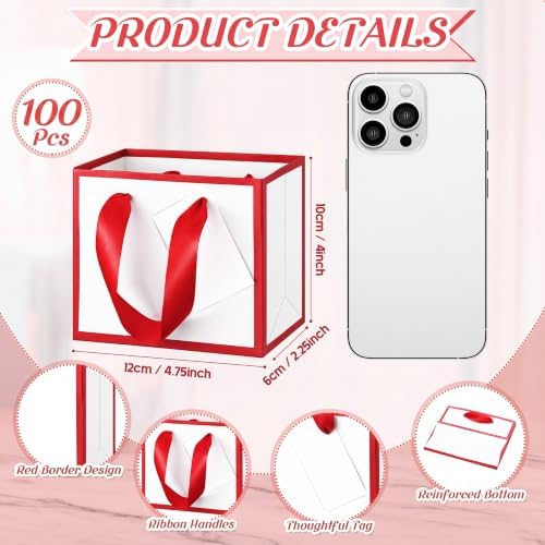 Yeaqee 100 Pcs Mini Metallic Paper Gift Bags with Handle, White, Red - Image 2
