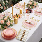 WELLIFE 210Pcs Clear-Pink Plastic Dinnerware- Pink and Gold Plastic Dinnerware include 30 Dinner Plates, 30 Dessert Plates, 90 Gold Silverware, 30 Cups and 30 Napkins Perfect for Parties - Image 5