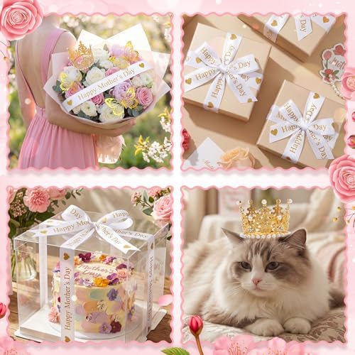 Zeyune 114 Pcs Flower Bouquet Accessories Includes 2 in x 5 Yard Glitter Mother's Day Satin Ribbon, Gold Bouquet Crown, Butterfly Decor and Rhinestone Flower Pin for Birthday Wedding Baby Shower - Image 2