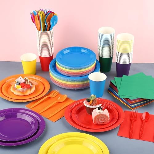 Kochorie 504 Pcs Rainbow Party Supplies Set, Colorful Disposable Paper Tableware Set 7 inch & 9 inch Plates Cups Napkins Cutlery for Birthday Baby Shower Rainbow Neon Party Decorations, Serve 72 - Image 4