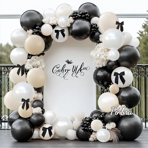 Black White Gold Bow Balloon Arch Double Stuffed Pearl White and Sand Balloon Garland Cream Ivory Sand Latex for Birthday Bridal Shower Wedding Baby Shower Party Decorations - Image 3