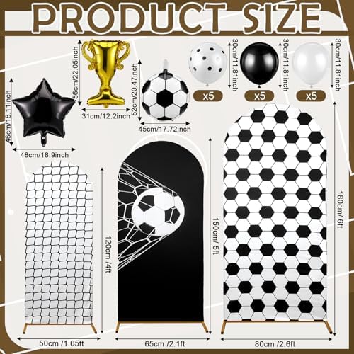 Foilswirl Spandex Arch Backdrop Cover 34 Pcs Soccer Birthday Background Decorations 4ft 5ft 6ft Soccer Arch Backdrop Covers Black White Balloons for Sport Game Football Birthday Party Decor - Image 3
